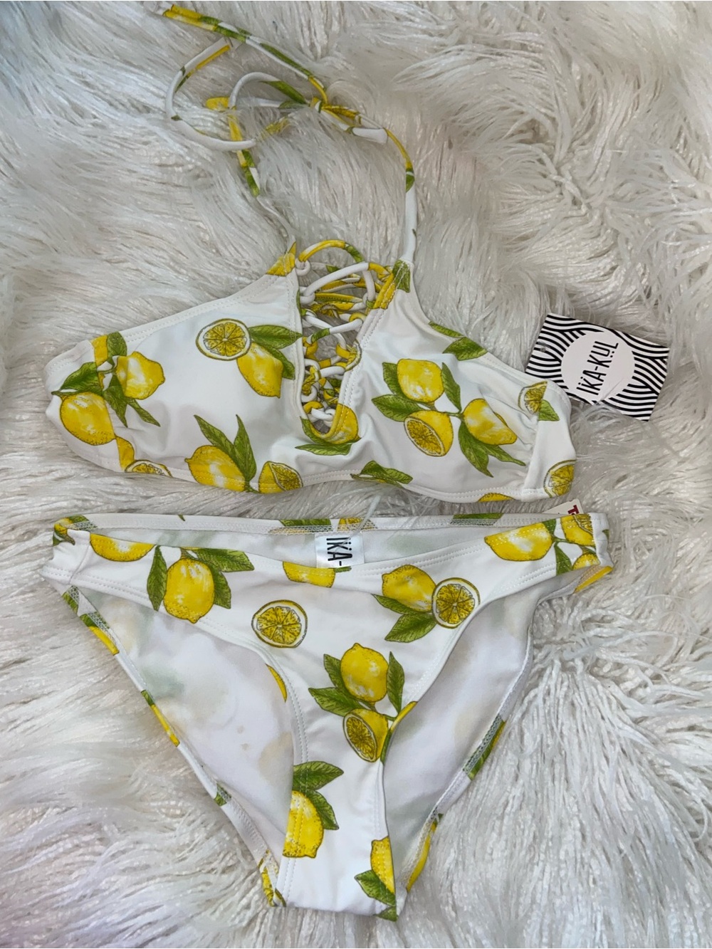 Lemon Print Lace-Up Bikini Set - White & Yellow